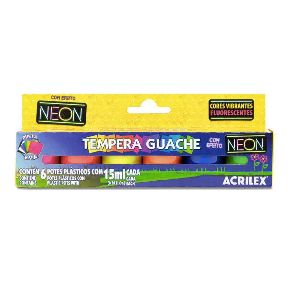 Tinta Tempera Guache 6 Cores Neon 15ml - Acrilex