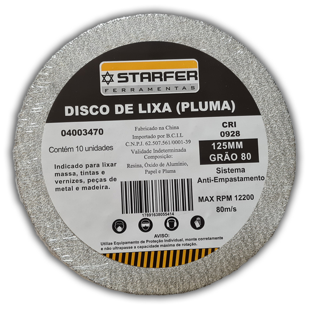 Kit 10 Lixas Disco Pluma 125mm GRÃO 80 04003470