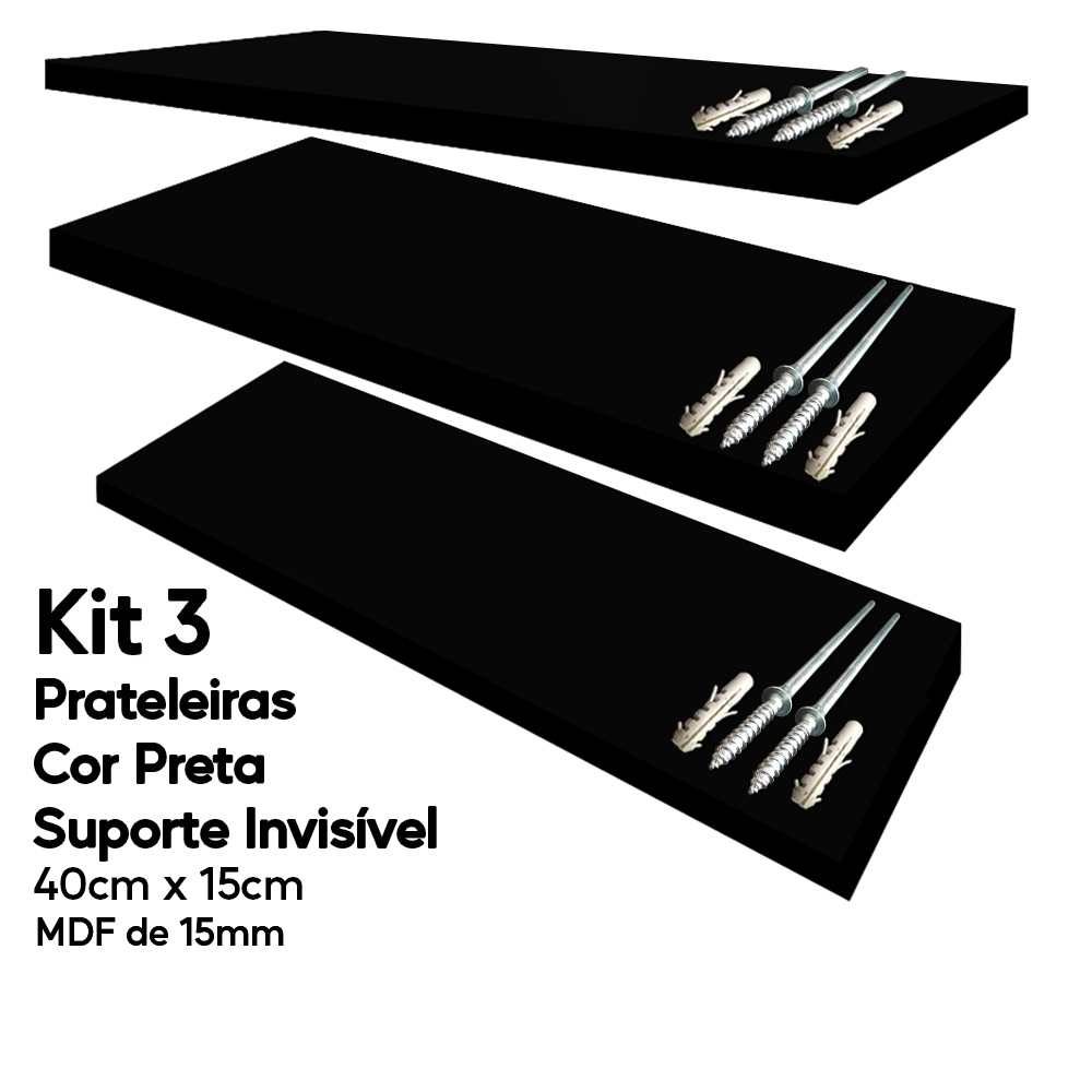 Kit 3 Prateleira Preta Mdf 40x15 Suporte Invisível Decoração