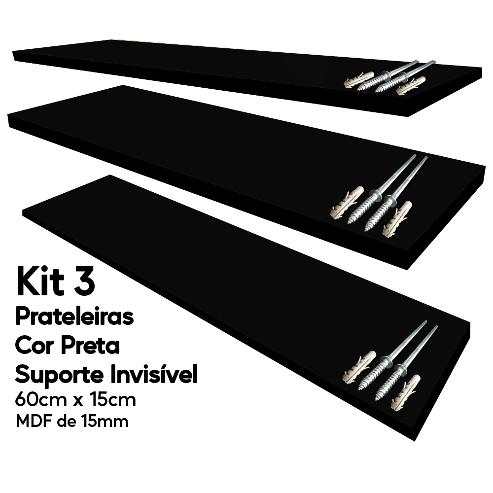 Kit 3 Prateleira MDF Preta 60x15 Suporte Invisível