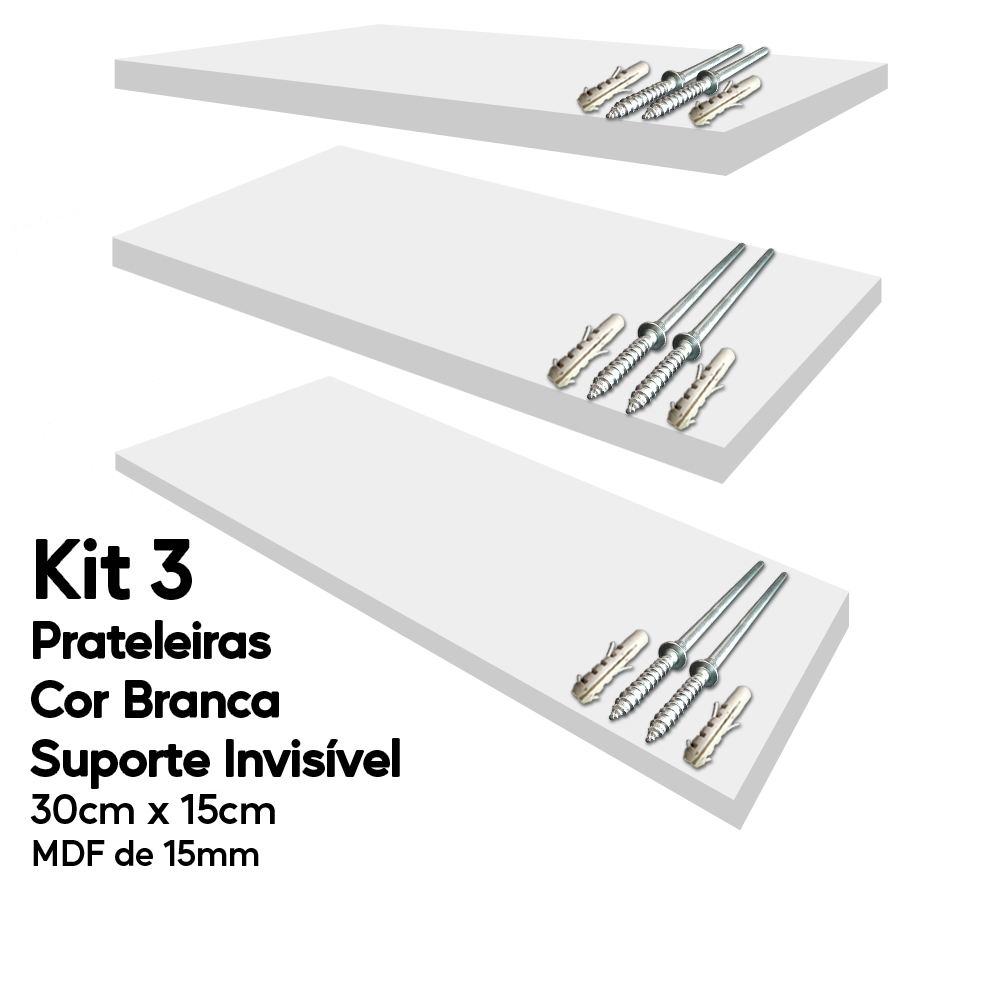 Kit 3 Prateleiras Brancas Mdf 30x15 Suporte Invisível Decora