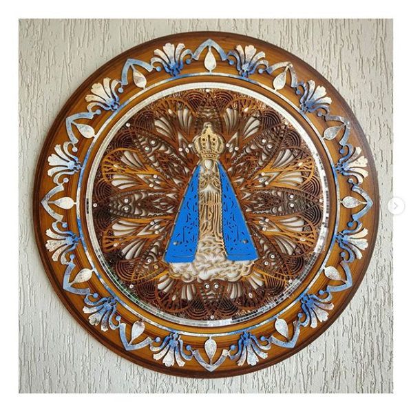 Quadro Decorativo Mandala Nossa Senhora Aparecida Azul Royal - 65cm Diâmetro