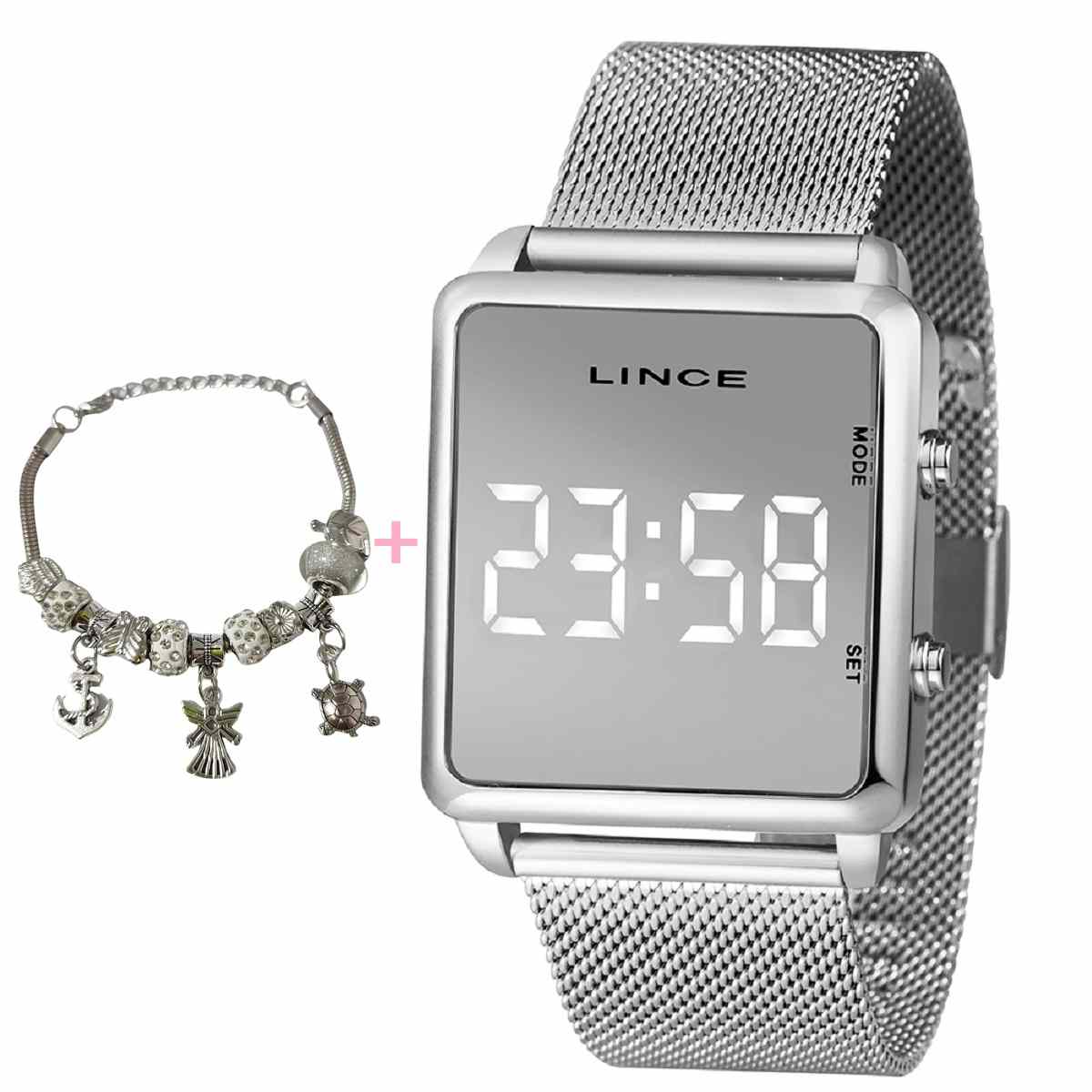 Relógio Lince Feminino Digital Prata MDM4619L BXSX + Pulseira Berloque