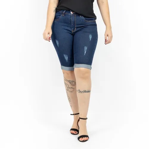 Bermuda Jeans Feminina Escura Cintura Alta Com Puídos e Barra Dobrada