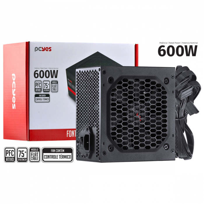 Fonte 600W Real Pcyes SPARK 75+  20/24 pinos Pc Gamer PFC Ativo - PXSP600WPT