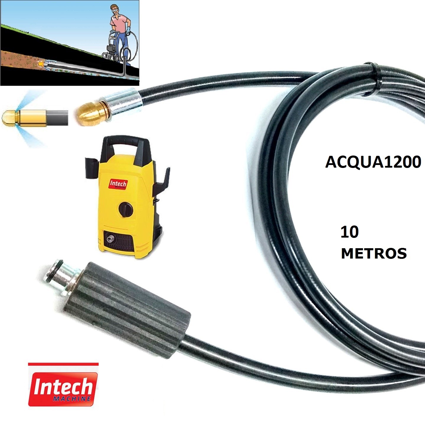 Mangueira Desentupidora Esgoto 10 Metros ACQUA 1200 Intech Machine