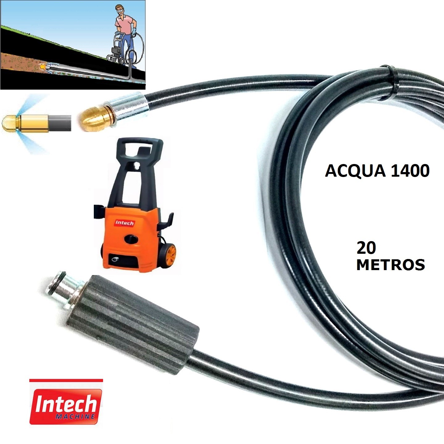 Mangueira Desentupidora Esgoto 20 Metros ACQUA 1400 Intech Machine