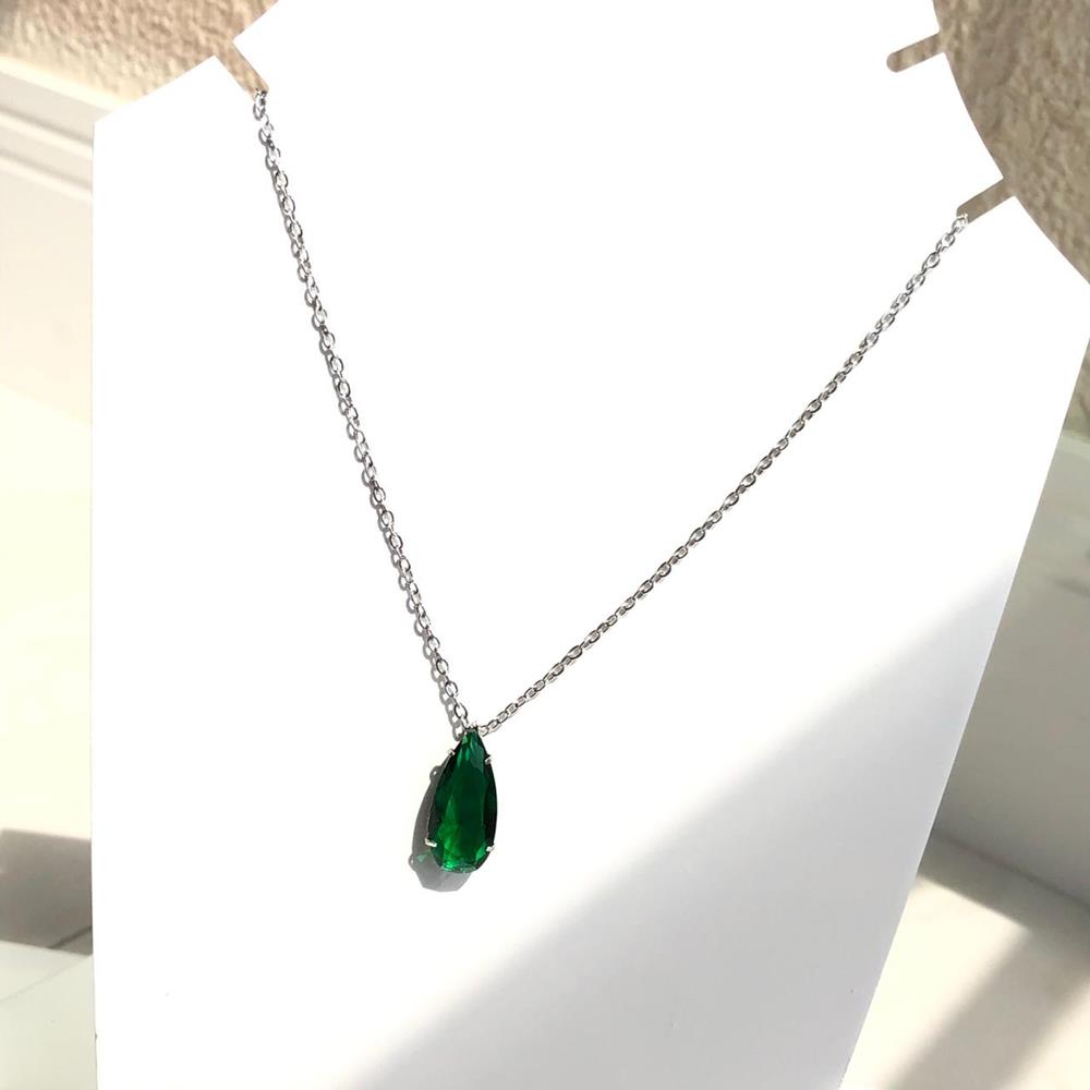 Colar feminino prata em aço inoxidável pedra gotinha verde esmeralda