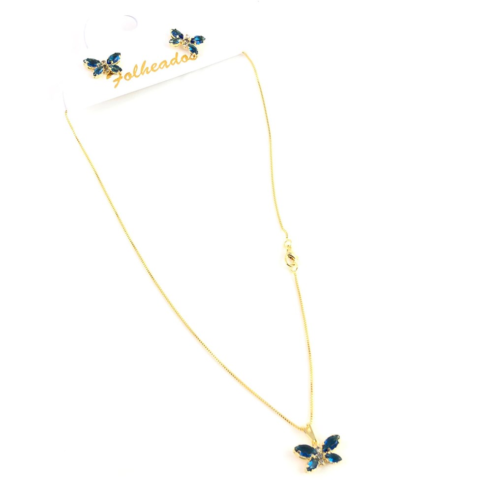 Kit Conjunto de colar e brinco folheado a ouro borboleta azul marinho
