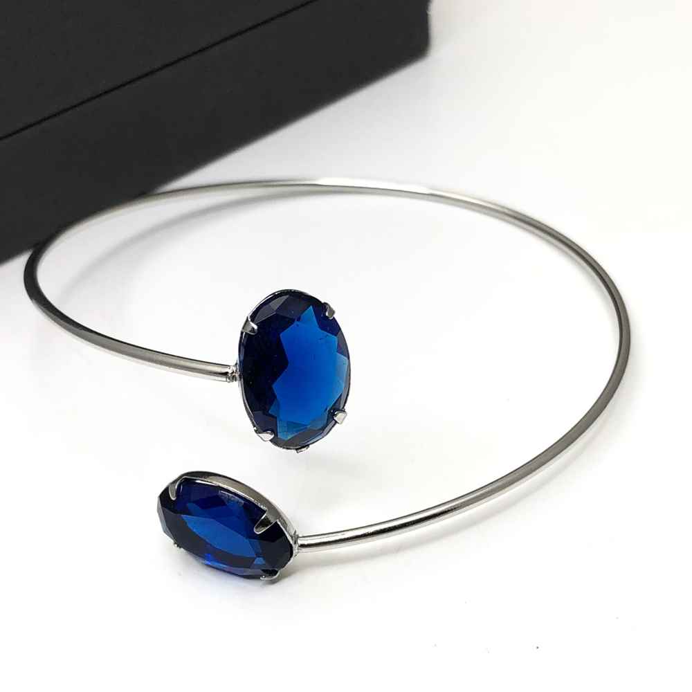 Pulseira bracelete feminino aço inoxidável prata pedra azul marinho