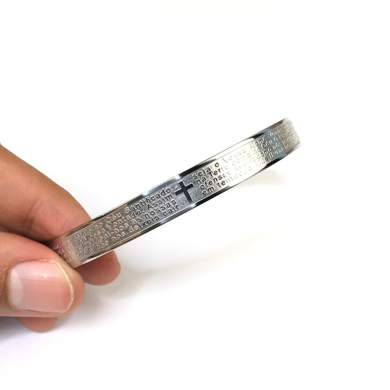 Pulseira Bracelete Masculina Oração do Pai Nosso 8mm - Prata - Aço Inoxidável