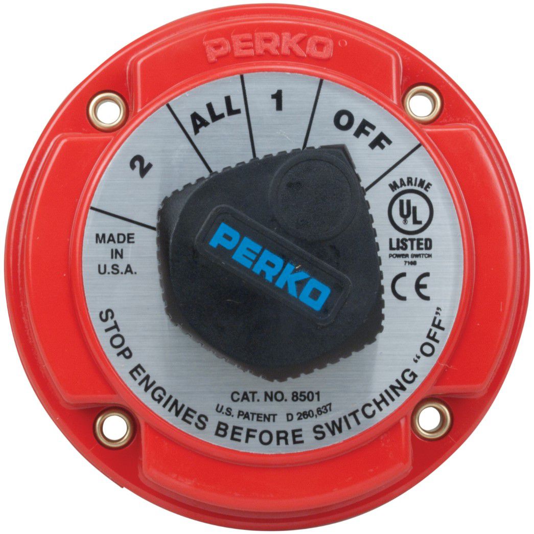 Chave Geral de Bateria Blindada Perko 8501 para 2 Baterias 250A Contínuos de Uso Náutico