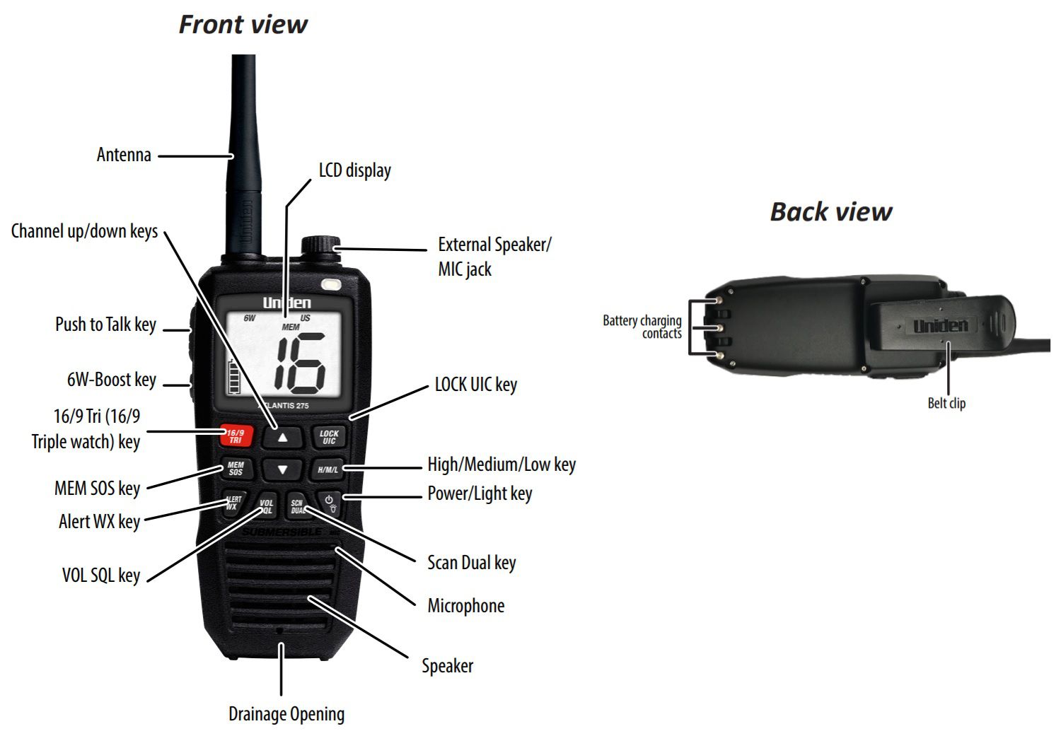 Rádio Portátil VHF Náutico Uniden Atlantis 275 Flutuante 6 Watts