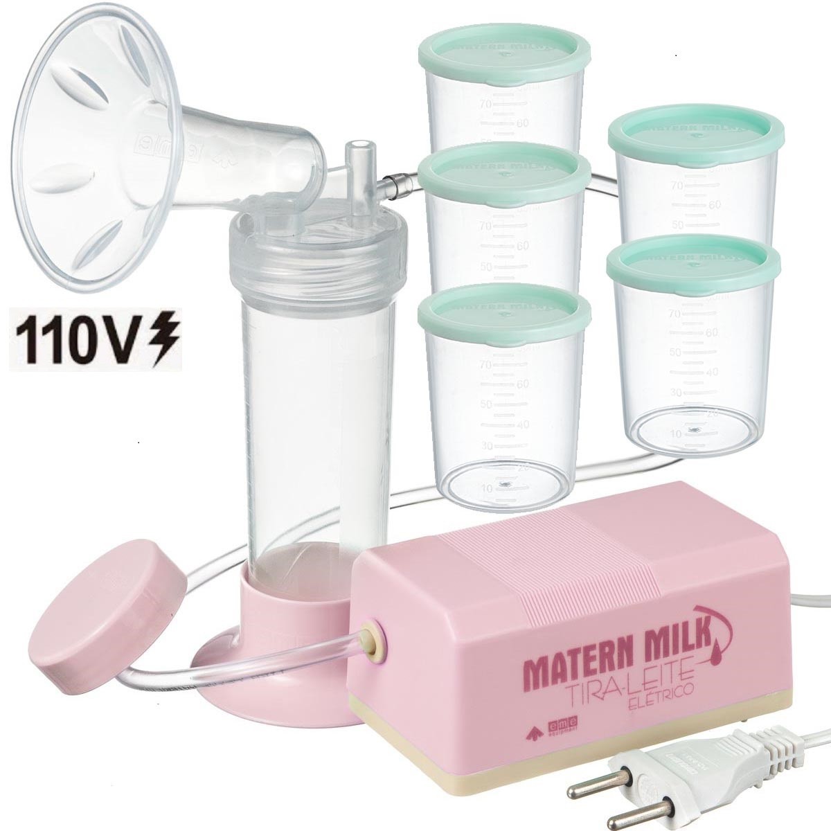 Bomba tira leite elétrico 110 V Rosa - Matern Milk +5 Copos