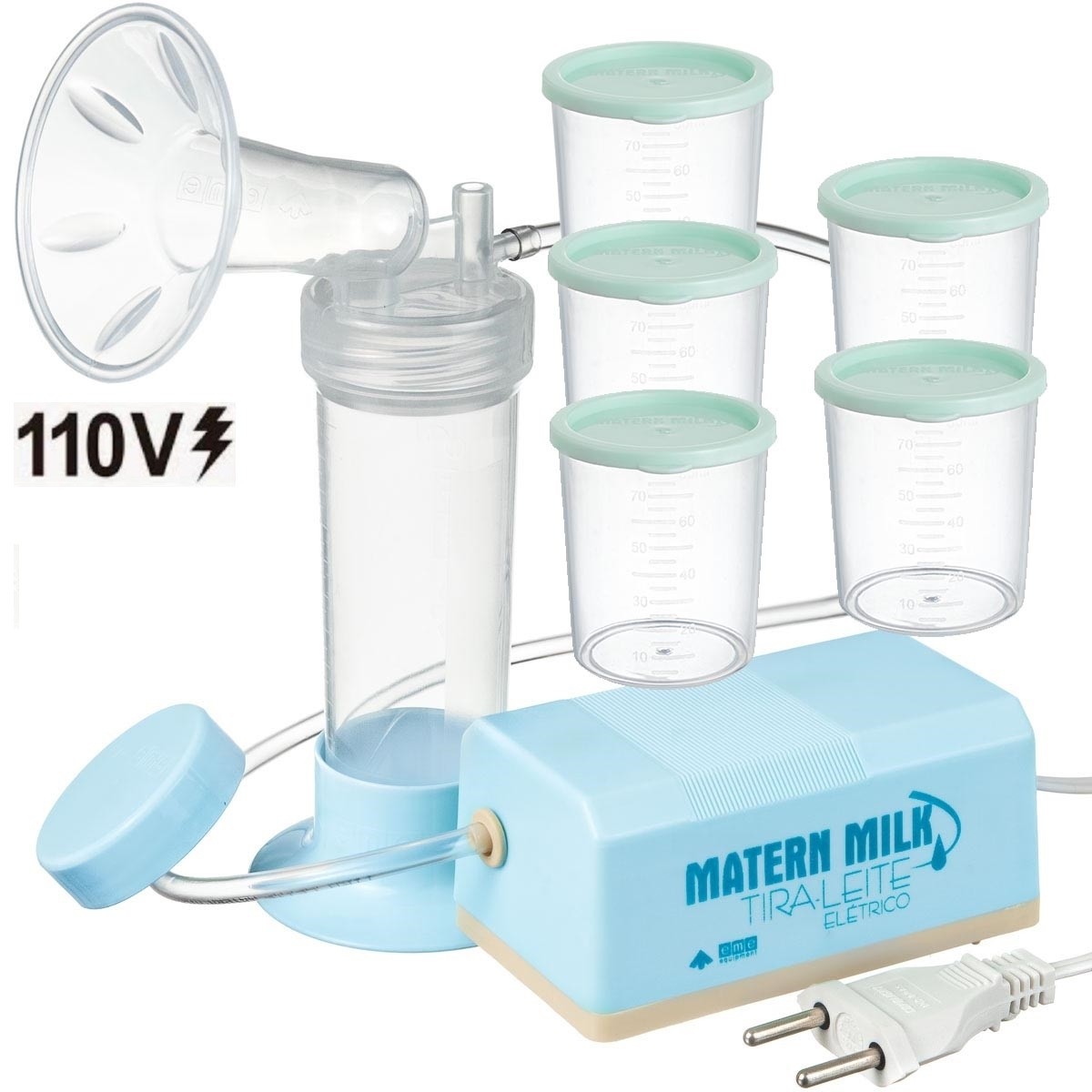 Bomba tira leite elétrico 110 V Azul - Matern Milk + 5 Copos