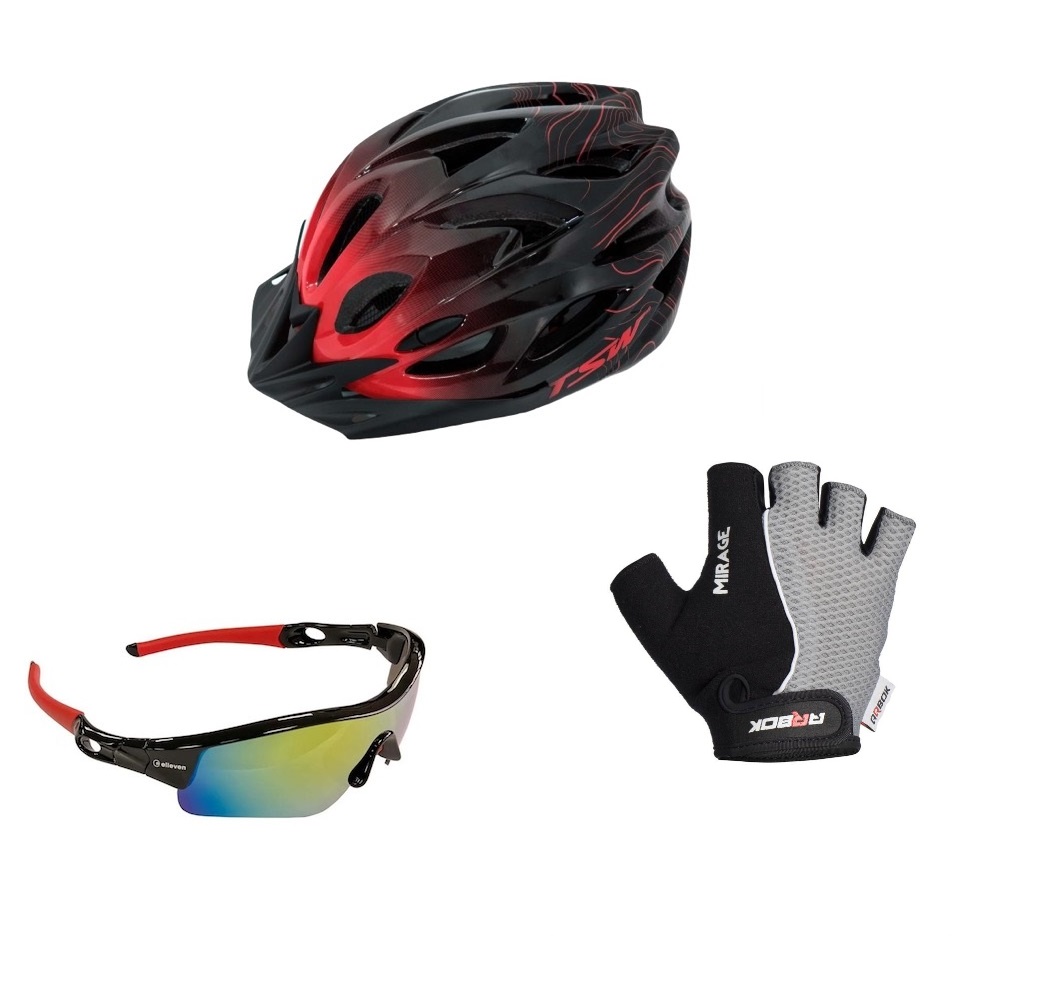 Capacete Bike Led Tsw com Luvas Ciclismo e Óculos Proteção UV400