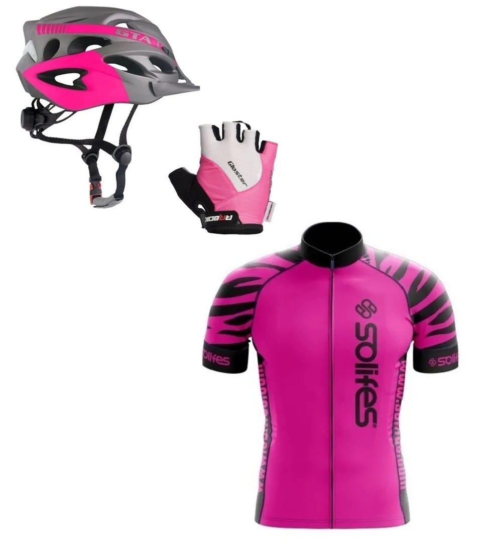 Conjunto Capacete e Luva Ciclismo + Camisa Bike feminina