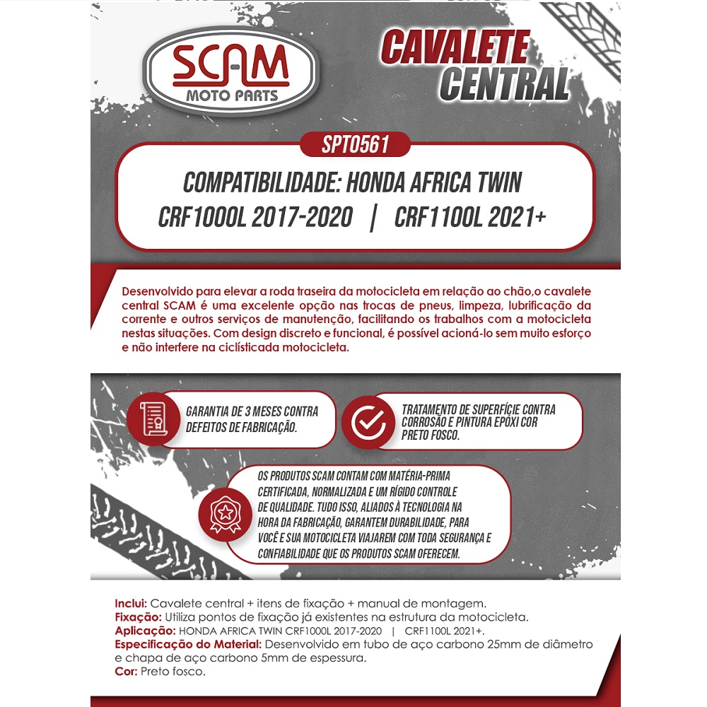 Cavalete Apoio Descanso Tripé Central Scam SPTO561 P/ Africa Twin 1000 L (2017 a 2020) e 1100 L (2021 em diante)