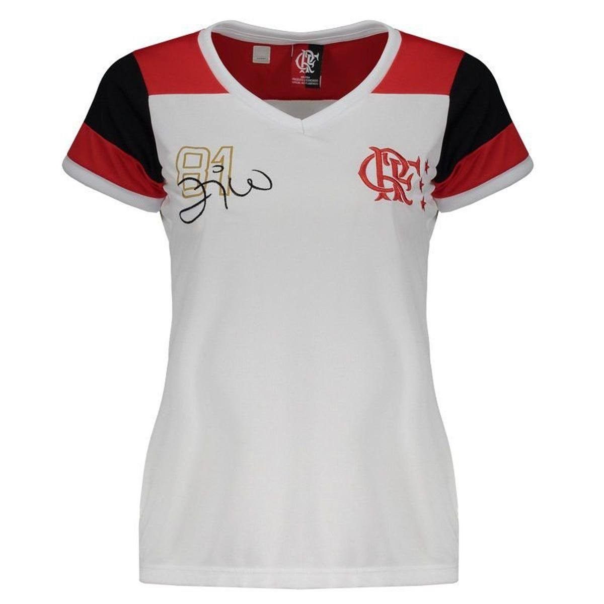 Camisa Babylook Braziline Flamengo Zico Retro - Feminino - Branco e Vermelho