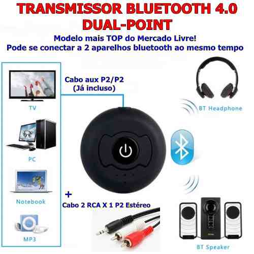 Transmissor de Áudio Bluetooth para até DOIS dispositivos bluetooth (fones ou caixas) COM RCA