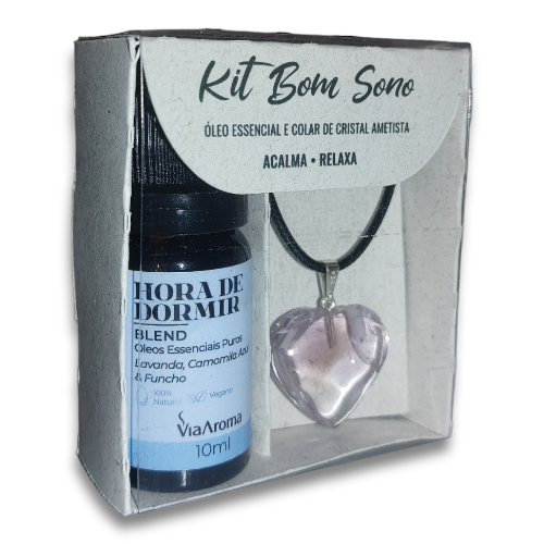 Kit Aromaterapia Bom Sono - Blend de Óleo Essencial + Colar Difusor Coração de Cristal Ametista  - Floressência