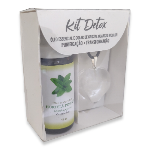 Kit Aromaterapia Detox - Óleo Essencial de Hortelã Pimenta + Colar Difusor Coração de Cristal Quartzo Incolor  - Floressência