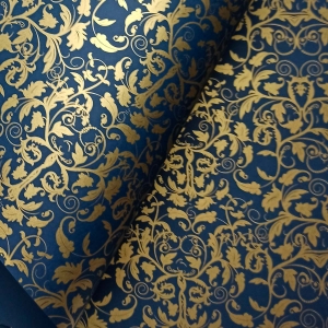 Papel Floral Ref 01 - Azul Escuro com Dourado - Tam. 32x65 cm - 180g/m² 25 folhas