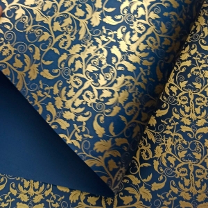 Papel Floral Ref 01 - Azul Escuro com Dourado - Tam. 32x65 cm - 180g/m² 25 folhas