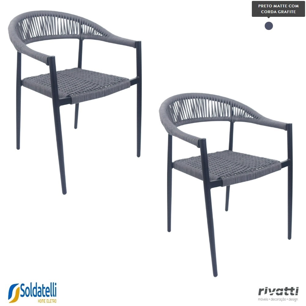 Kit 2 Cadeiras Outdoor Trancoso Base Preto Matte com Corda Náutica Amêndoa ou Chumbo - Rivatti