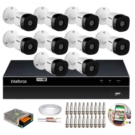 Kit 10 Câmeras de Segurança intelbras Full HD 1080p VHD 1220B IR + DVR 16 Canal + Acessórios