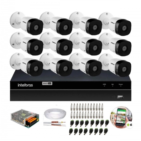 Kit 12 Câmeras de Segurança HD 720p Intelbras VHD 3130 B G5 + DVR Intelbras Multi HD + Acessórios