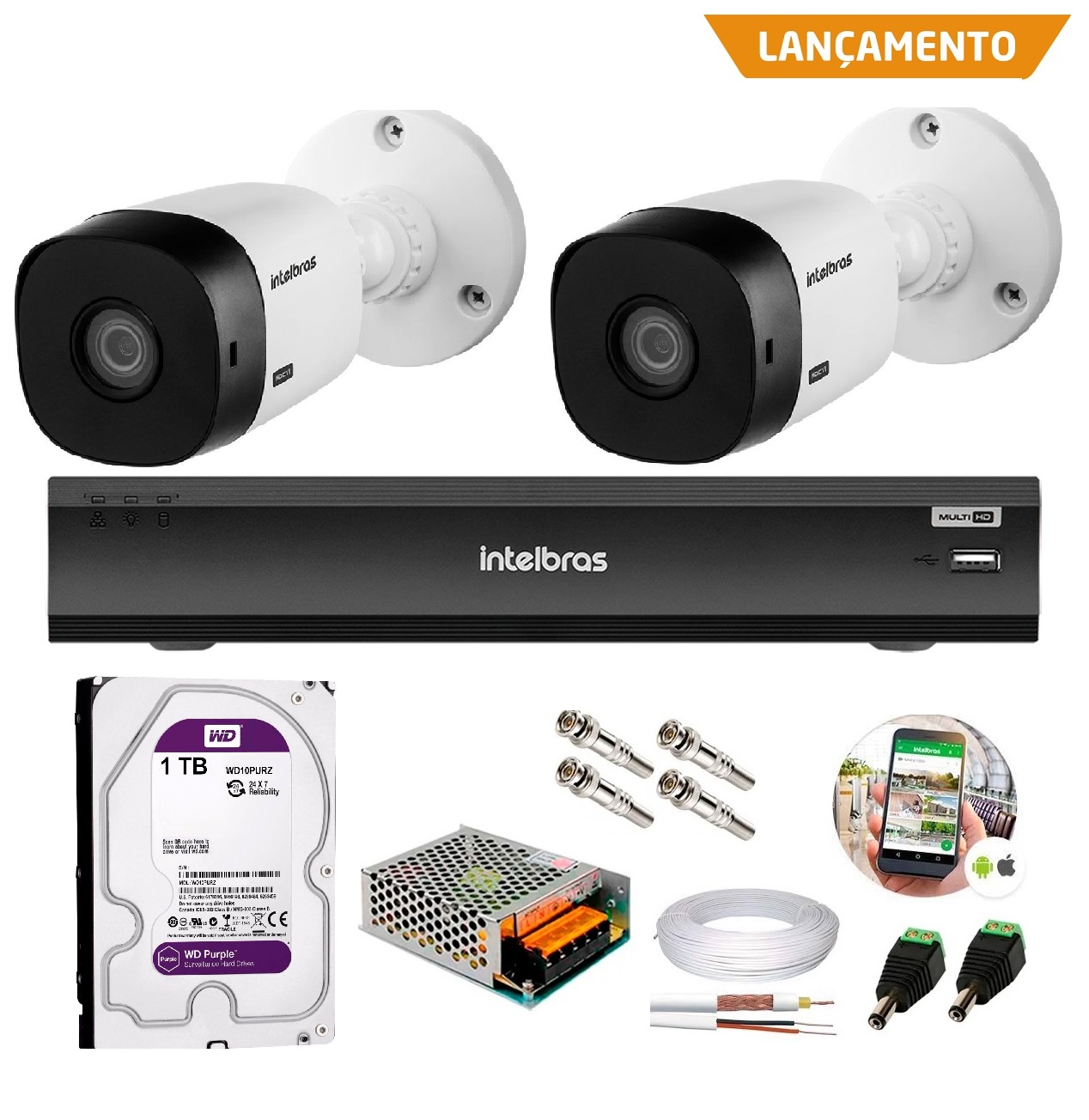 Kit 2 Câmeras de Segurança HD 720p Intelbras VHD 3120 B G6 + DVR Gravador de Video Inteligente MHDX 1204 C/ HD 1-TB