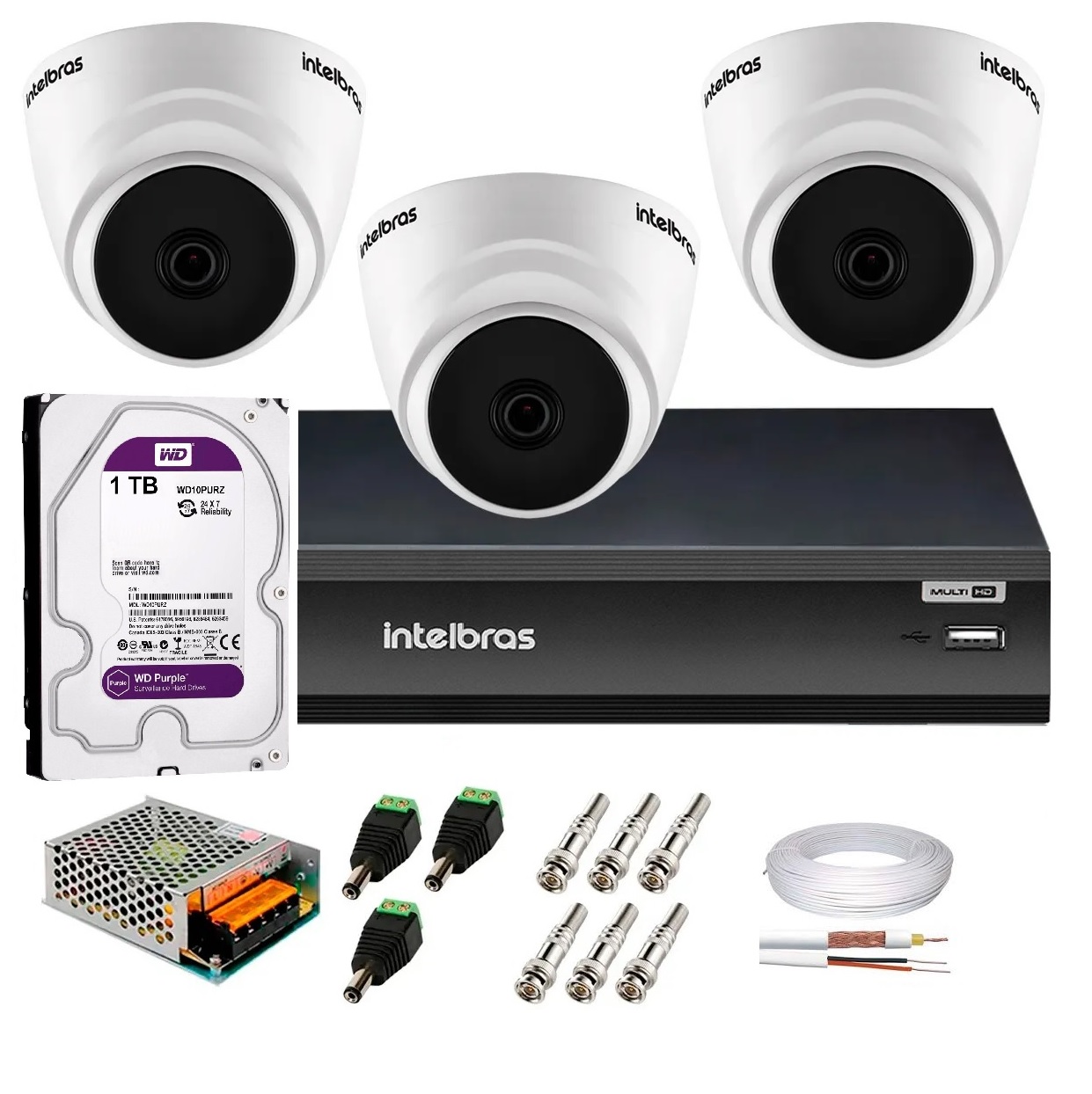 Kit 3 Câmeras de Segurança HD 720p Intelbras VHD 1010 D G6 + DVR Gravador de Vídeo Inteligente MHDX 1204 C/ HD 1-TB