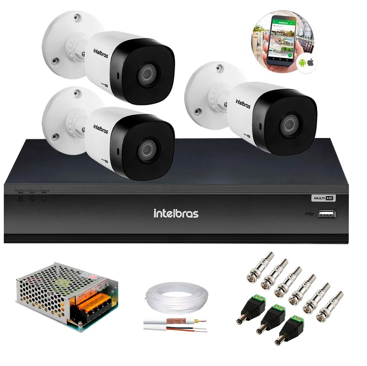 Kit 3 Câmeras de Segurança HD 720p VHD 3130 B G6 + DVR Gravador de Vídeo Inteligente Intelbras MHDX 1204 4 Canais