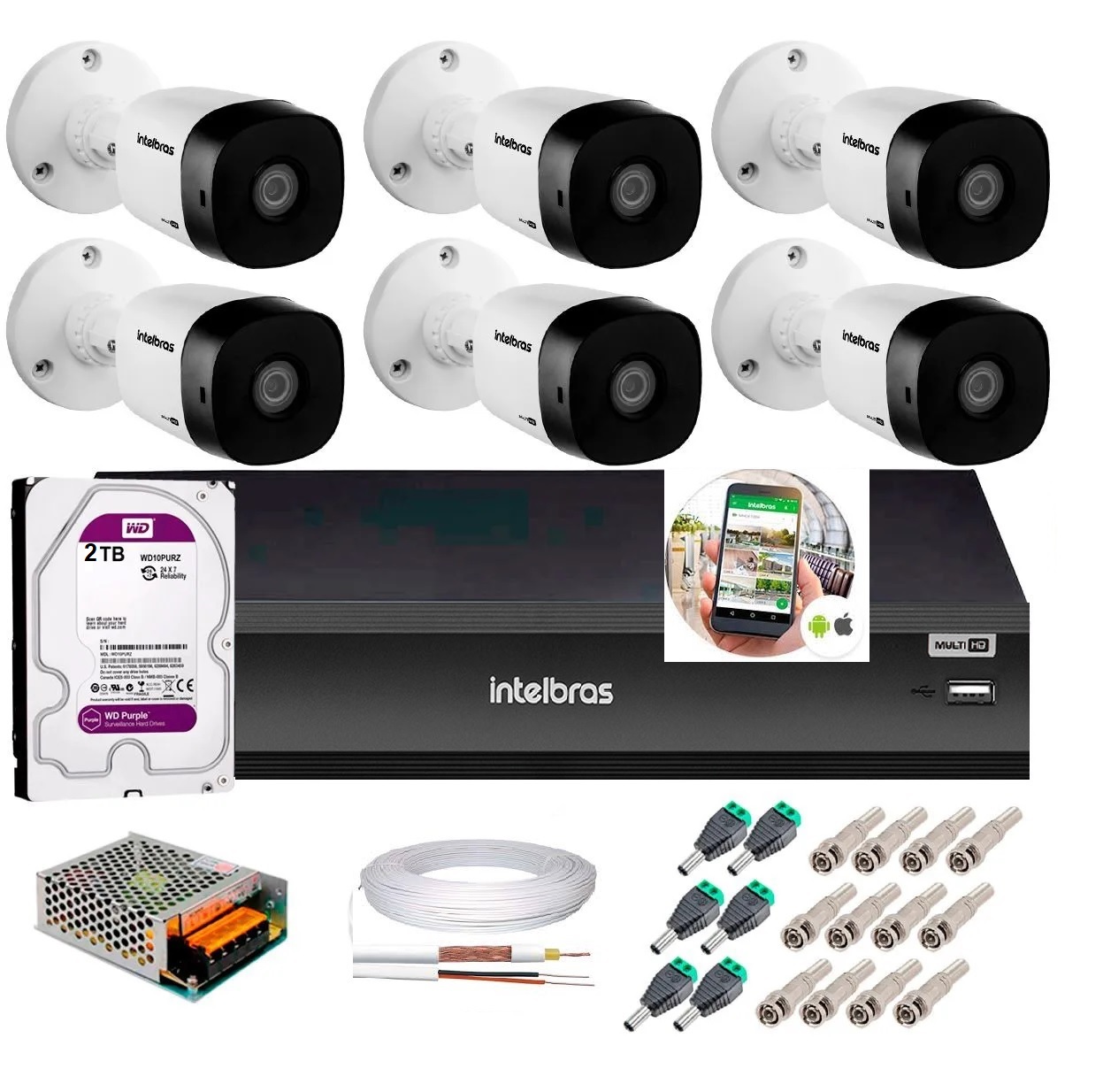 Kit 6 Câmeras de Segurança Intelbras Full HD 1080p VHD 1220B IR + DVR Full HD + HD 2TB + Acessórios