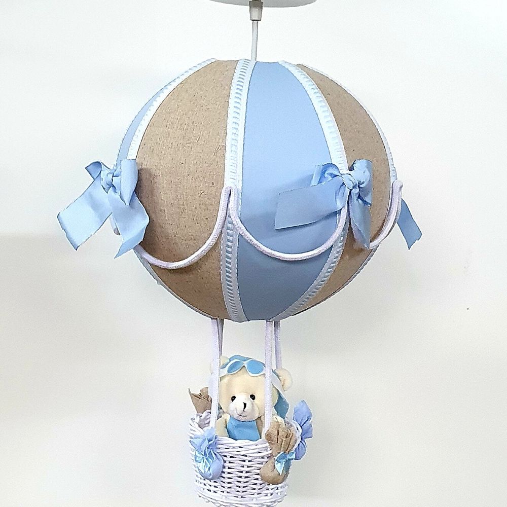 Lustre Bebê De Teto Bola tecido  Azul Claro  Com Avião Menino