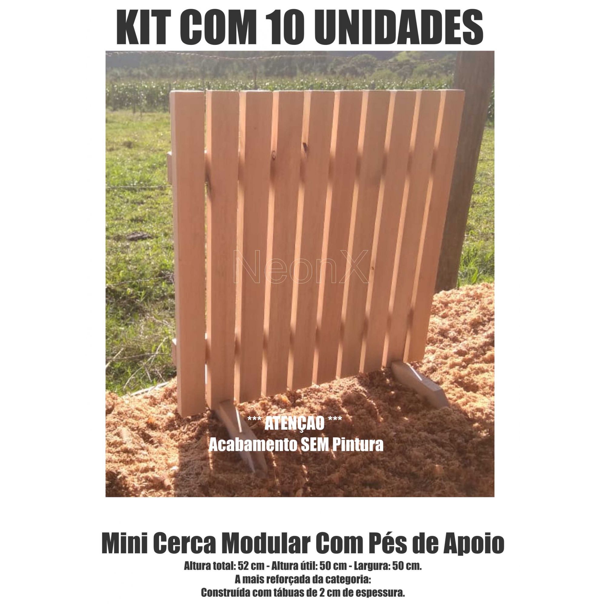 Kit 10 Un Cerca para Jardim Horta Decoração, Interna ou Externa com Pés 50x50 cm Sem Pintura NeonX