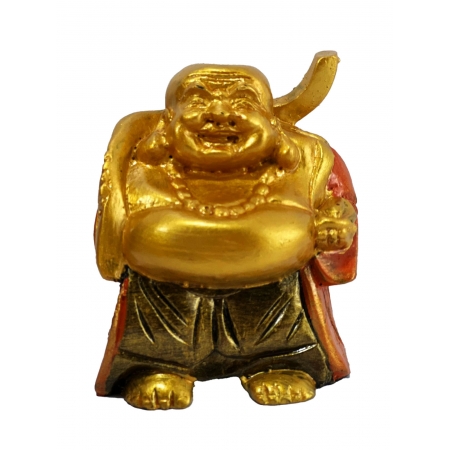 Buda Maitreya Carregando Saco em resina com Pintura Dourada e Robes Laranja (10cm)