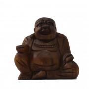 Buda Maitreya (Hotei) em Madeira Suar em Tom Natural ( 9 cm )