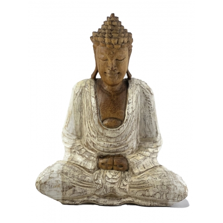 Escultura Buda Sidartha - Dhyana Mudra - em Madeira Suar com Patinado Off-White ( 25 cm )