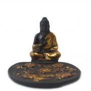 Porta Incensos Buda Sidartha Meditando em Resina Preta com Dourado e Trama Floral