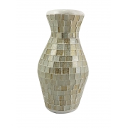 Vaso em Cerâmica com Mosaico de Vidro Branco e Dourado ( 21cm )