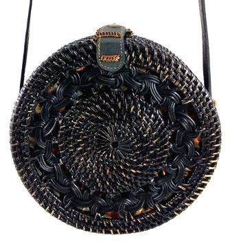 Bolsa Circular (Preta) com Trançado Tradicional em Rattan e Interior em Tecido ( 20cm )