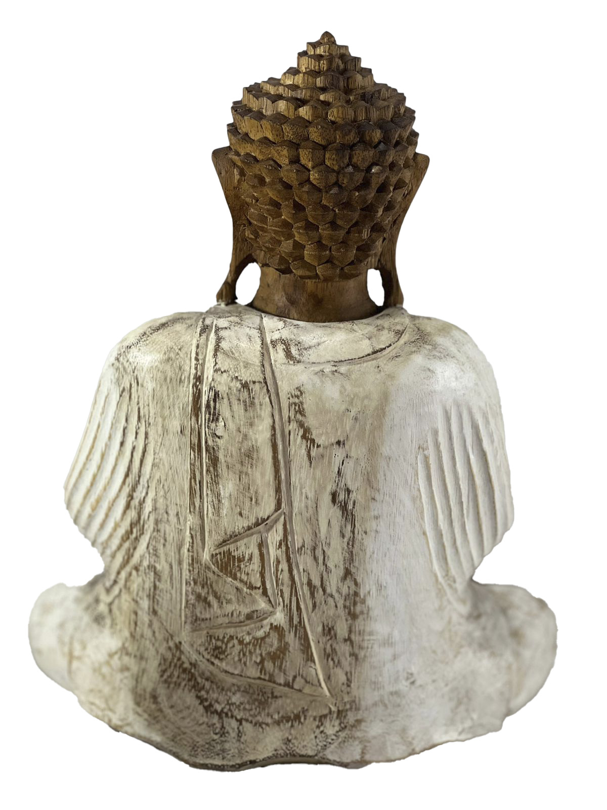 Escultura Buda Sidartha - Namaskara Mudra - em Madeira Suar com Patinado Off-White ( 25 cm )