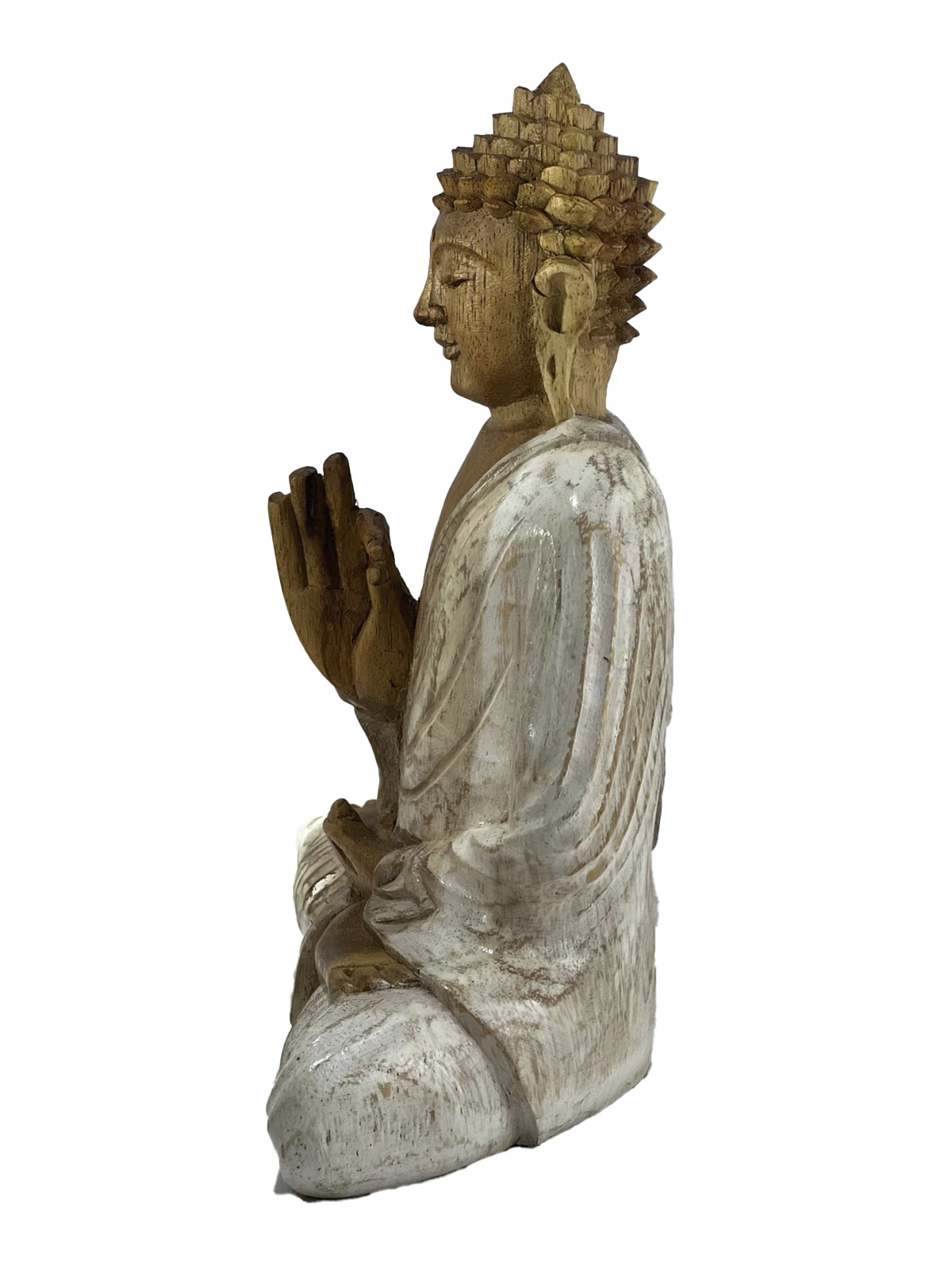 Escultura Buda Sidartha - Vitarka Mudra - em Madeira Suar com Patinado Off-White ( 20 cm )