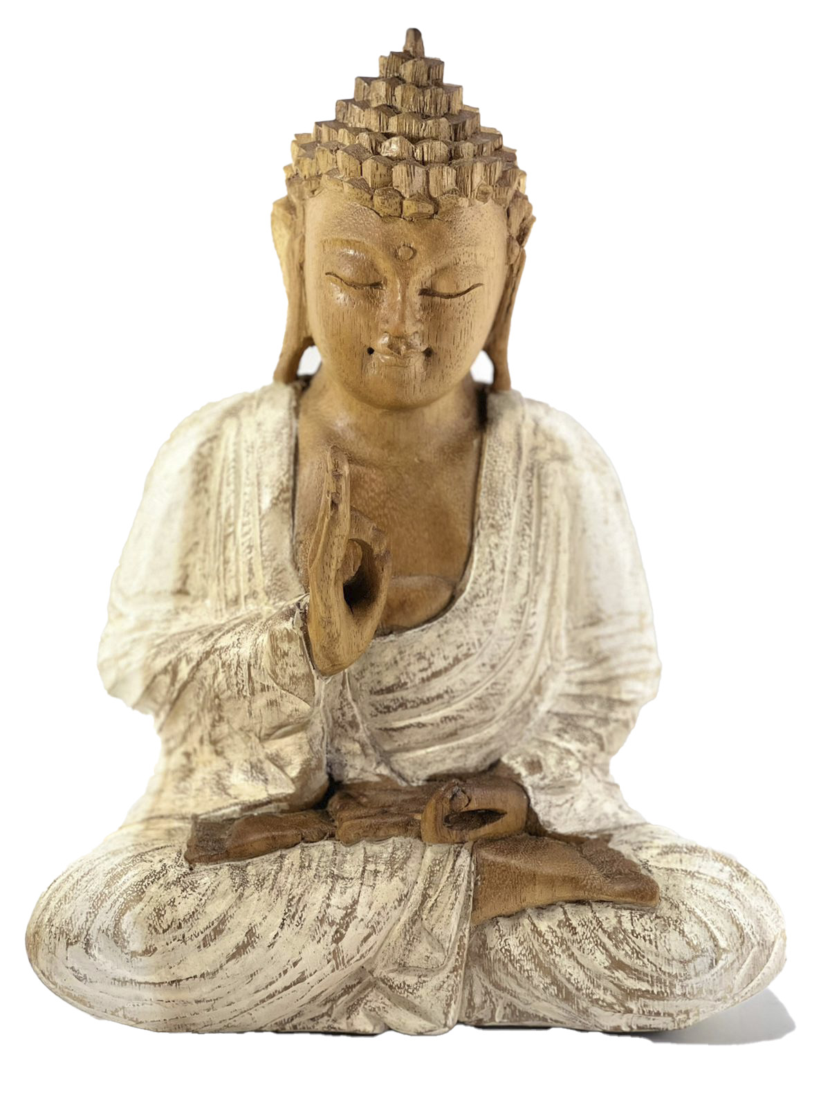 Escultura Buda Sidartha - Vitarka Mudra - em Madeira Suar com Patinado Off-White ( 25 cm )