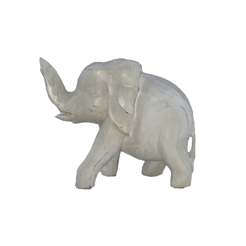 Escultura Elefante em Madeira Albésia em Pátina Branca (15x20x7cm)