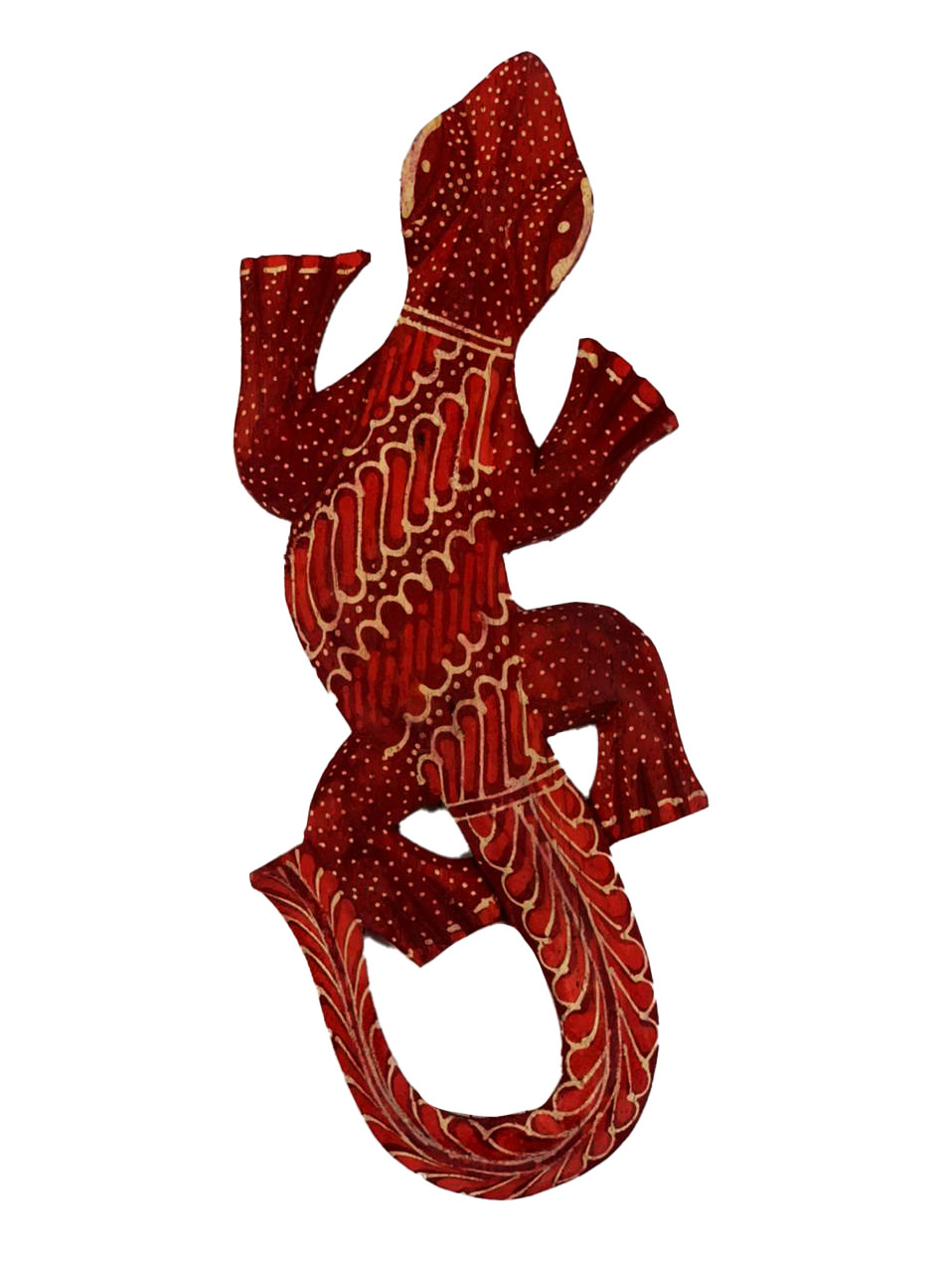 Escultura Lagarto Guecko em Madeira Albesia c/ Pintura Batik Vermelha (20cm)