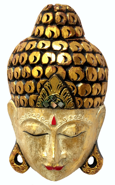 Máscara Buda Sidartha em Madeira Albésia com Pintura em Dourado e Detalhes em Vermelho ( 30cm )