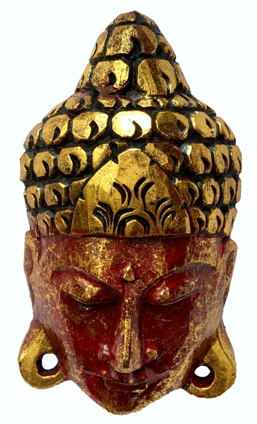 Máscara Buda Sidartha em Madeira Albésia com Pintura em Vermelho e Dourado ( 30cm )